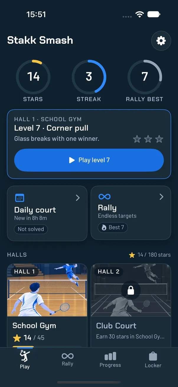 Play tab with stars, streak, Continue card and halls