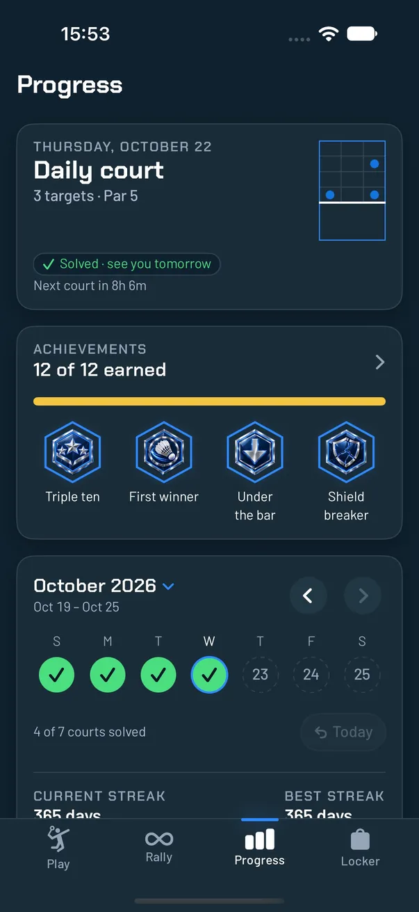 Progress tab with today's Daily court, achievements and the week calendar