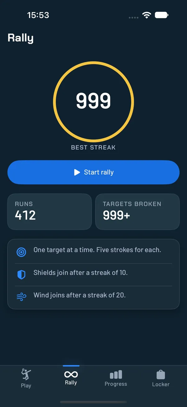 Rally tab with the best streak ring and a Start rally button